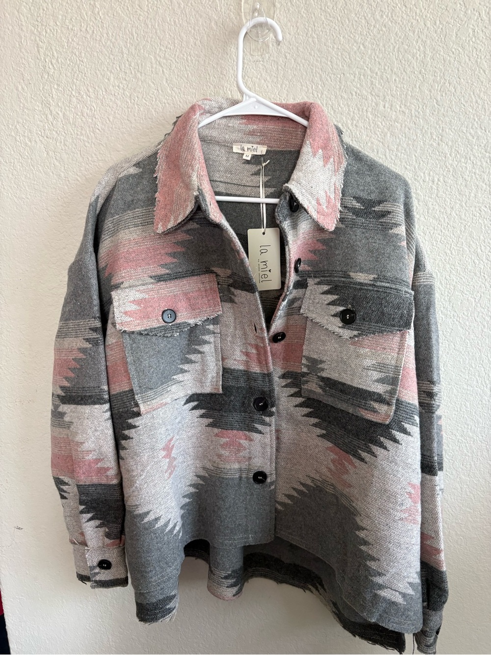 LA MIEL Gray and Pink Aztec Collar Jacket